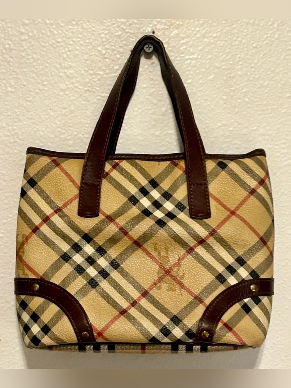 BURBERRY VTG Y2K Haymarket Coach Mini Tote Handbag Top Handle Leather Brown Tan - Picture 2 of 16